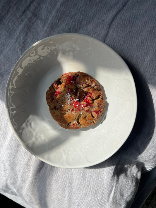 Rye Chocolate Chunk Espresso Cookie, with Raspberries